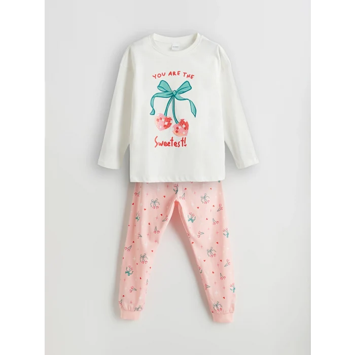 LCW Kids Ekru Bisiklet Yaka Kız Çocuk Pijama Takımı