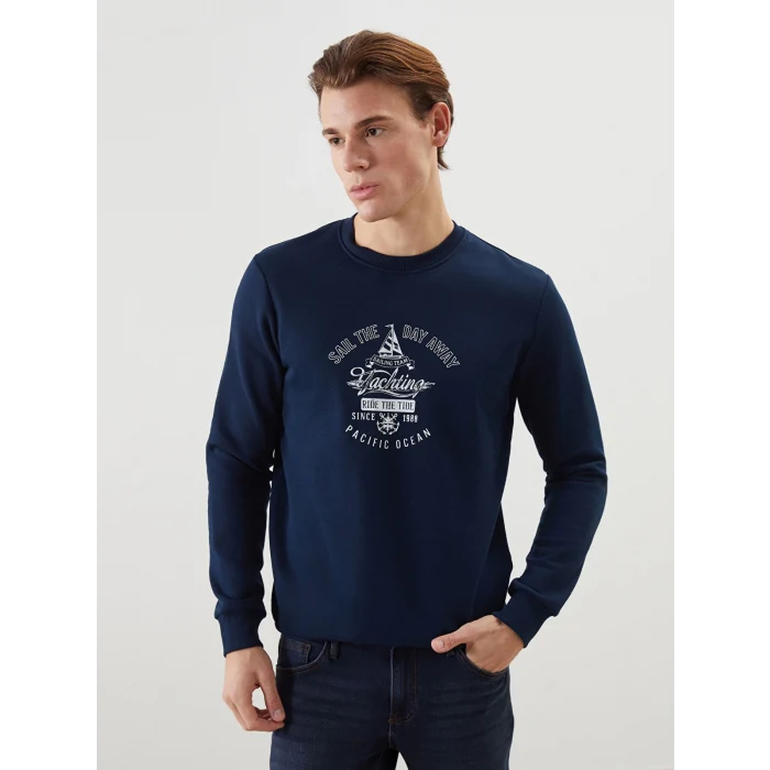 LCWAIKIKI Classic Lacivert Bisiklet Yaka Baskılı Erkek Kalın Sweatshirt