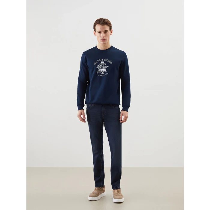 LCWAIKIKI Classic Lacivert Bisiklet Yaka Baskılı Erkek Kalın Sweatshirt