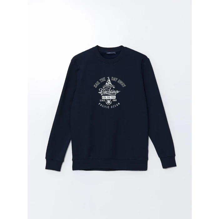 LCWAIKIKI Classic Lacivert Bisiklet Yaka Baskılı Erkek Kalın Sweatshirt