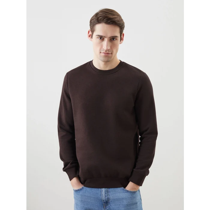 LCWAIKIKI Basic Kahverengi Bisiklet Yaka Uzun Kollu Baskılı Erkek Sweatshirt