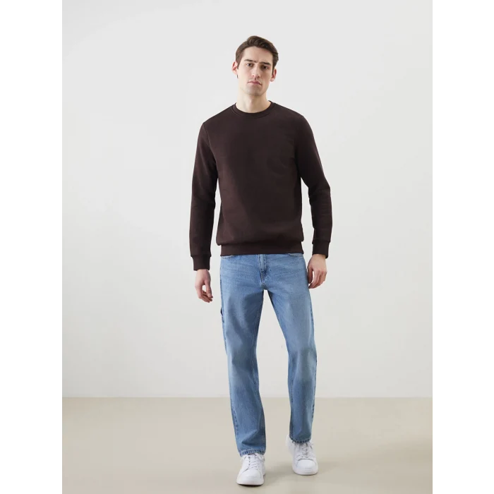 LCWAIKIKI Basic Kahverengi Bisiklet Yaka Uzun Kollu Baskılı Erkek Sweatshirt