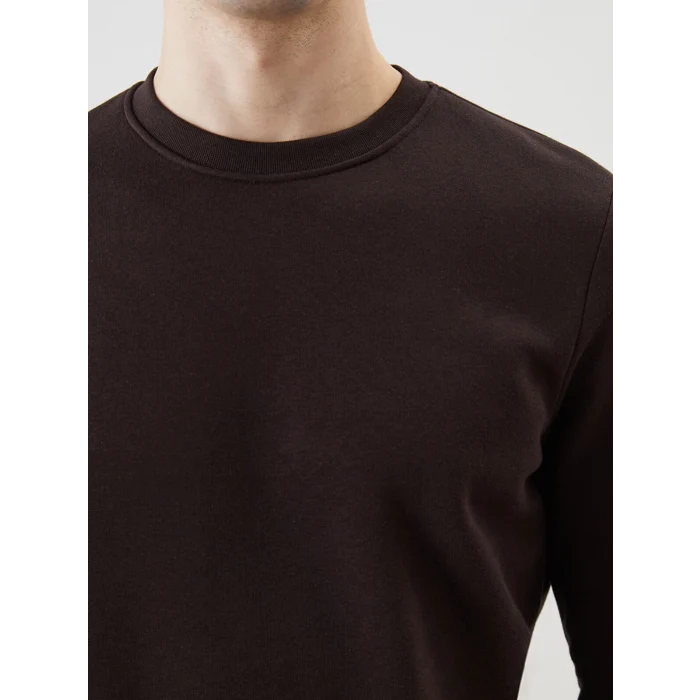 LCWAIKIKI Basic Kahverengi Bisiklet Yaka Uzun Kollu Baskılı Erkek Sweatshirt