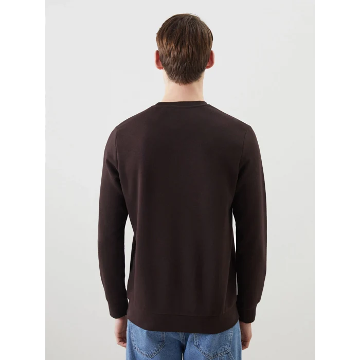 LCWAIKIKI Basic Kahverengi Bisiklet Yaka Uzun Kollu Baskılı Erkek Sweatshirt