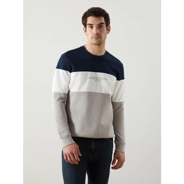 LCWAIKIKI Classic Bej Bisiklet Yaka Uzun Kollu Renk Bloklu Erkek Sweatshirt