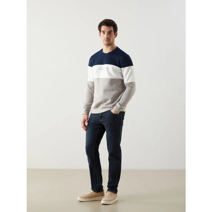 LCWAIKIKI Classic Bej Bisiklet Yaka Uzun Kollu Renk Bloklu Erkek Sweatshirt