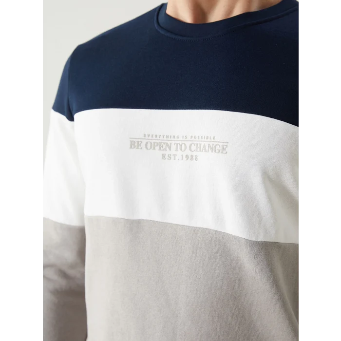 LCWAIKIKI Classic Bej Bisiklet Yaka Uzun Kollu Renk Bloklu Erkek Sweatshirt