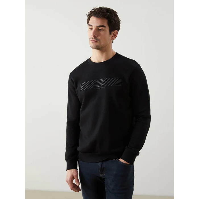 LCWAIKIKI Classic Siyah Bisiklet Yaka Baskılı Erkek Kalın Sweatshirt