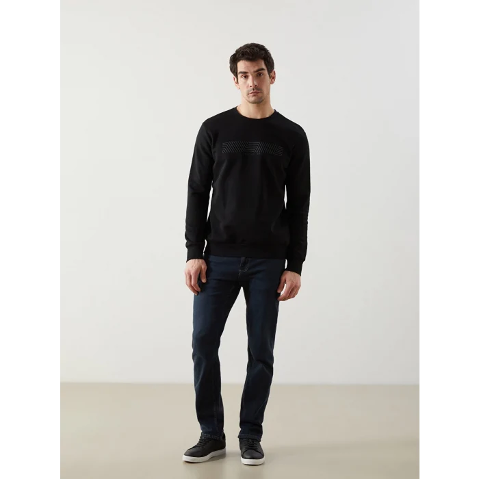 LCWAIKIKI Classic Siyah Bisiklet Yaka Baskılı Erkek Kalın Sweatshirt