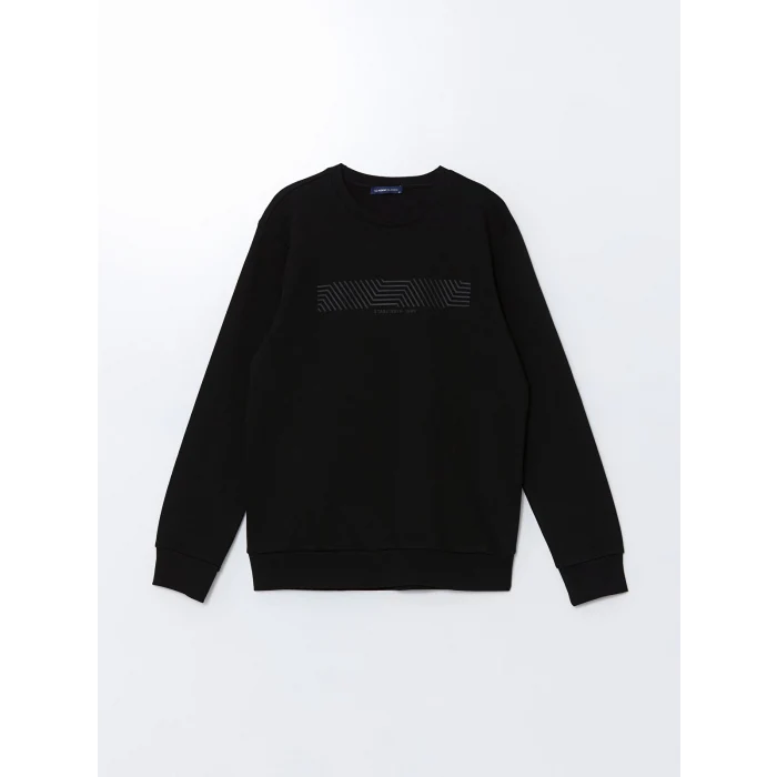LCWAIKIKI Classic Siyah Bisiklet Yaka Baskılı Erkek Kalın Sweatshirt
