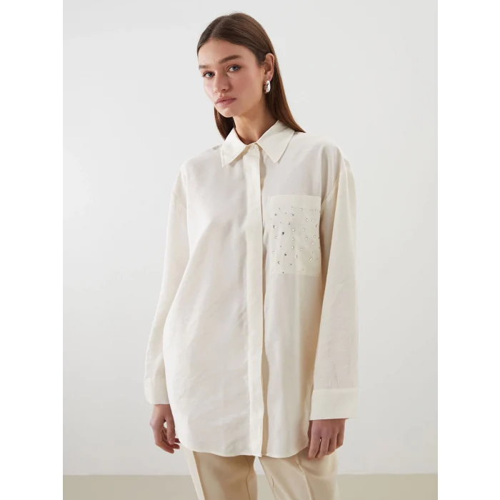 LCW Modest Ekru Taşlı Modal Karışımlı Kadın Gömlek Tunik
