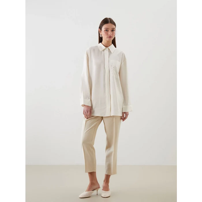 LCW Modest Ekru Taşlı Modal Karışımlı Kadın Gömlek Tunik