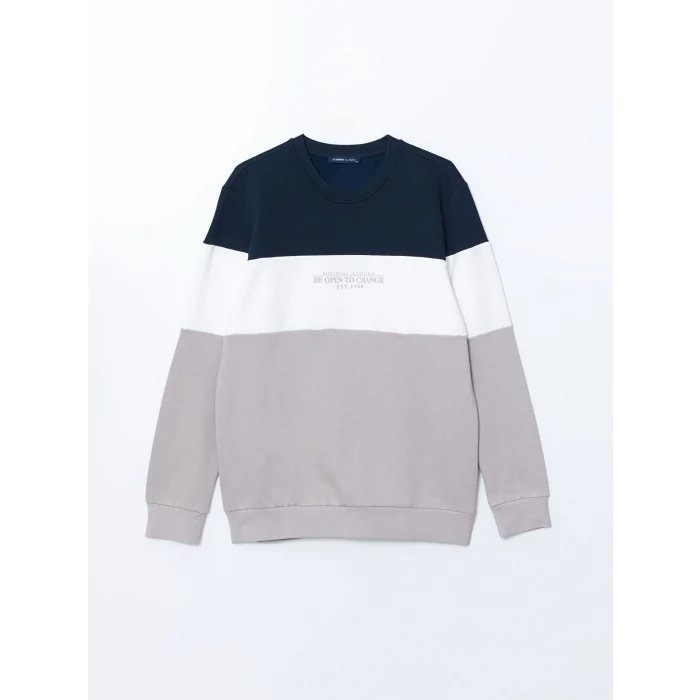 LCWAIKIKI Classic Bej Bisiklet Yaka Uzun Kollu Renk Bloklu Erkek Sweatshirt