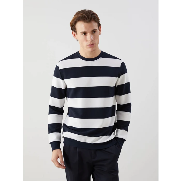 LCWAIKIKI Classic Lacivert Bisiklet Yaka Uzun Kollu Çizgili Erkek Sweatshirt