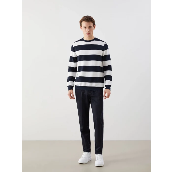 LCWAIKIKI Classic Lacivert Bisiklet Yaka Uzun Kollu Çizgili Erkek Sweatshirt