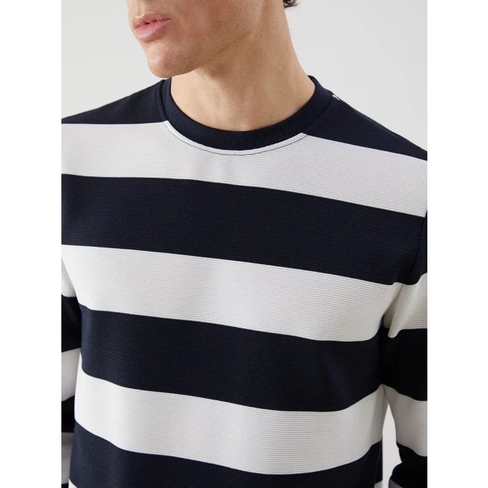 LCWAIKIKI Classic Lacivert Bisiklet Yaka Uzun Kollu Çizgili Erkek Sweatshirt