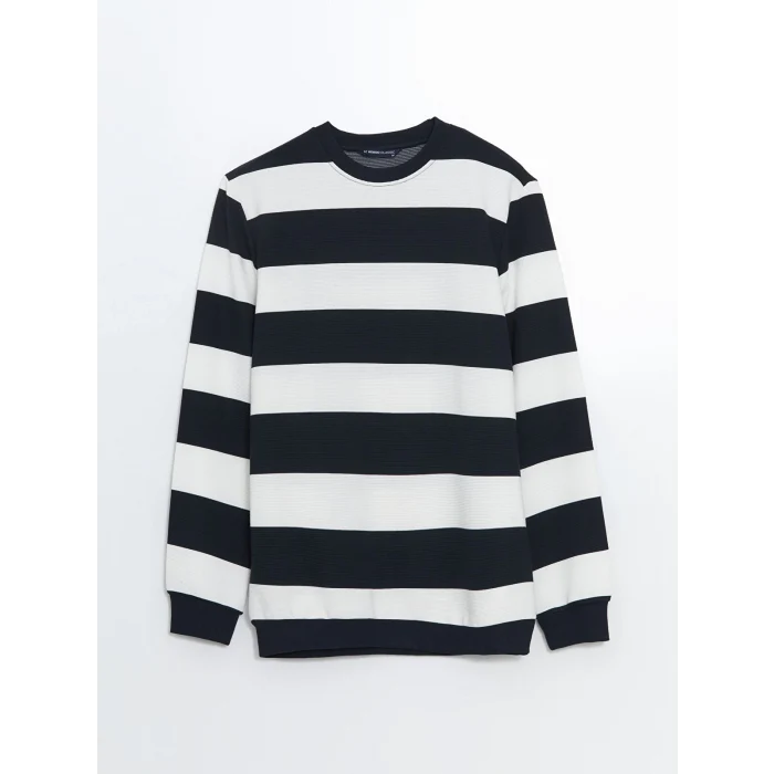 LCWAIKIKI Classic Lacivert Bisiklet Yaka Uzun Kollu Çizgili Erkek Sweatshirt