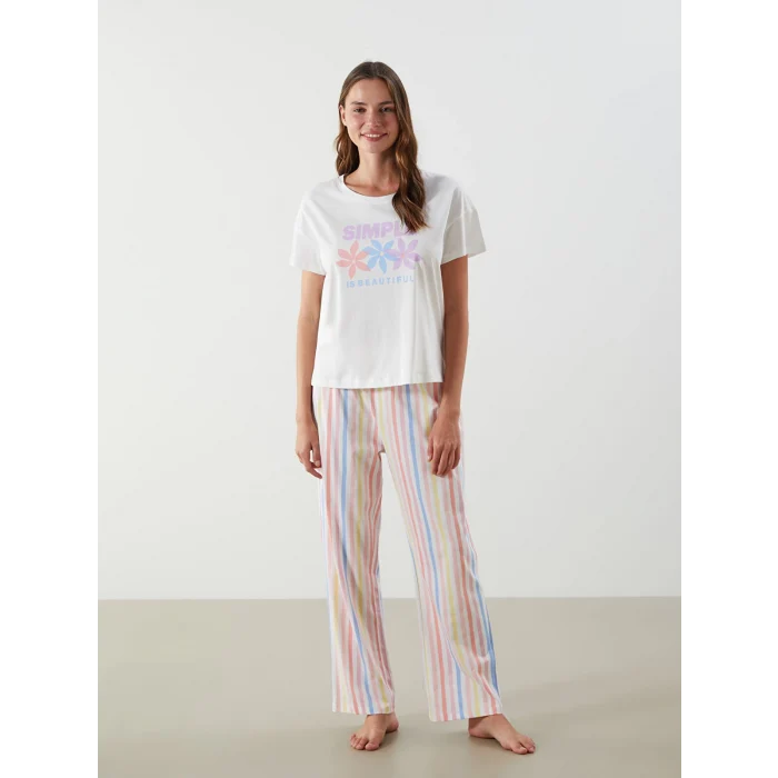 LCW DREAM Mercan Bisiklet Yaka Baskılı Kadın Pijama Takımı