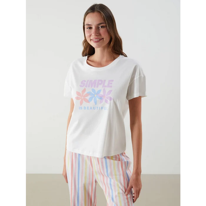 LCW DREAM Mercan Bisiklet Yaka Baskılı Kadın Pijama Takımı