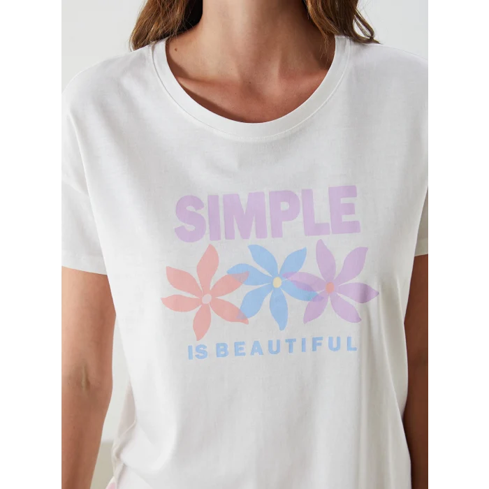 LCW DREAM Mercan Bisiklet Yaka Baskılı Kadın Pijama Takımı