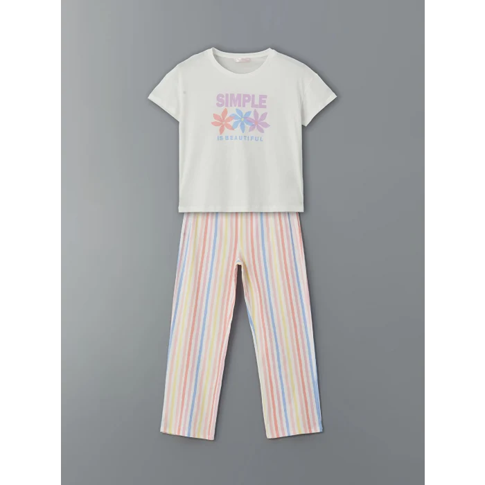 LCW DREAM Mercan Bisiklet Yaka Baskılı Kadın Pijama Takımı