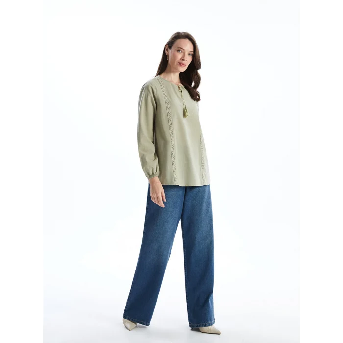 LCW Grace Haki Bağlamalı Yaka Nakışlı Kadın Bluz