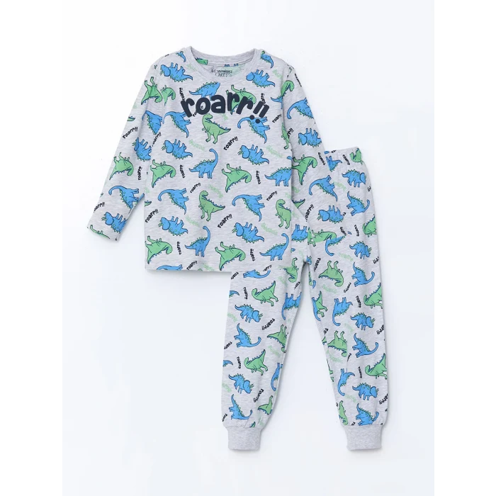 LCW Kids Gri Bisiklet Yaka Dizanor Baskılı Erkek Çocuk Pijama Takım