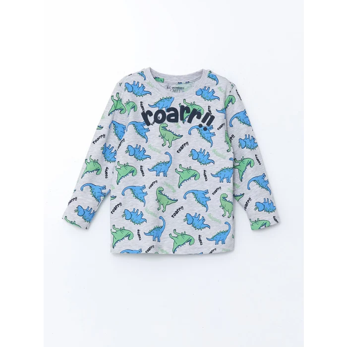 LCW Kids Gri Bisiklet Yaka Dizanor Baskılı Erkek Çocuk Pijama Takım