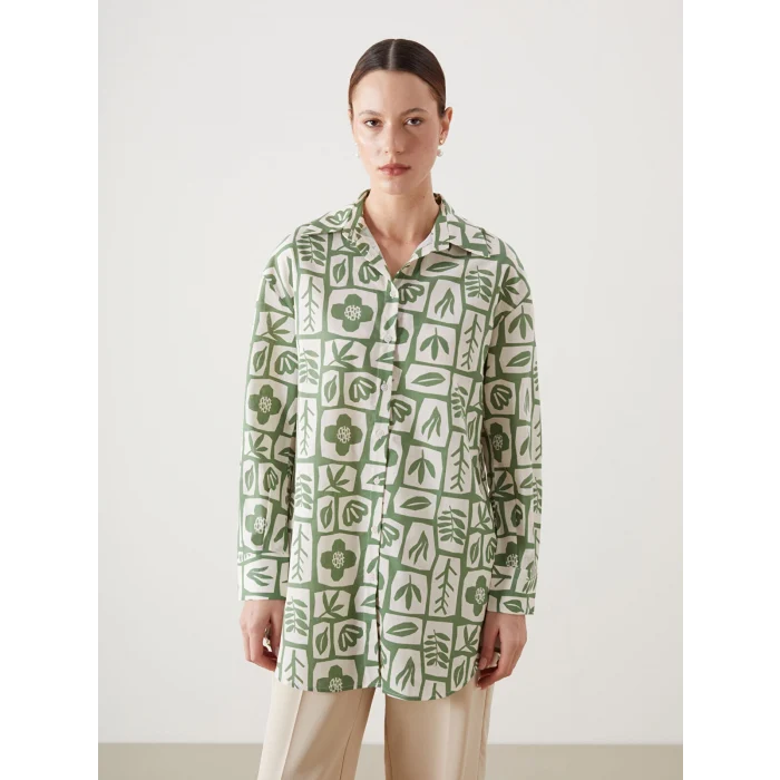LCW Modest Yeşil Desenli Oversize Kadın Gömlek Tunik