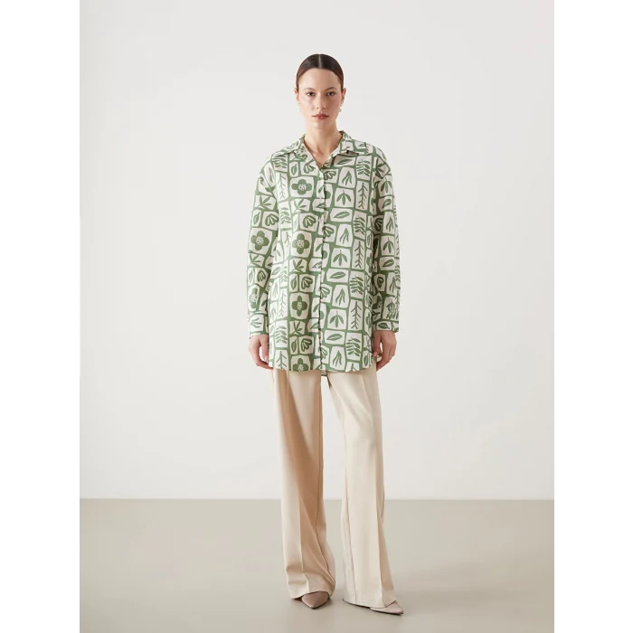 LCW Modest Yeşil Desenli Oversize Kadın Gömlek Tunik