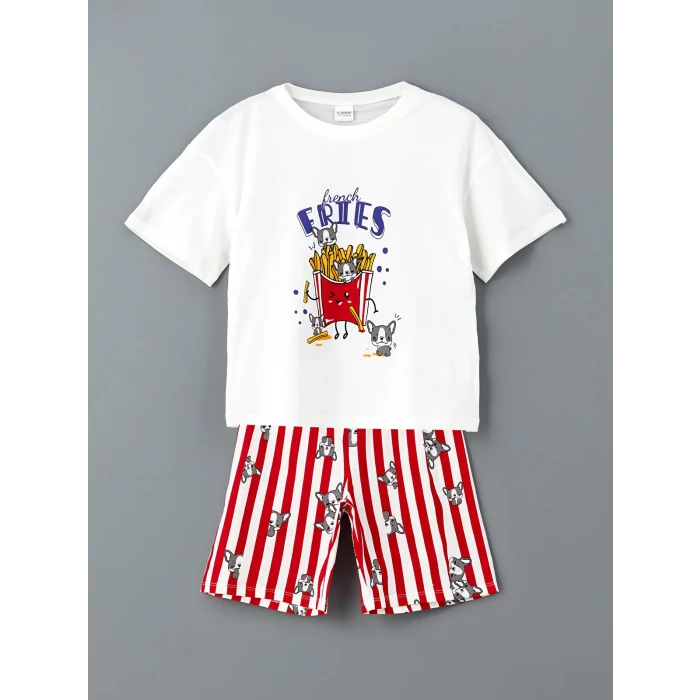 LCW Kids Beyaz Bisiklet Yaka Kız Çocuk Şortlu Pijama Takımı