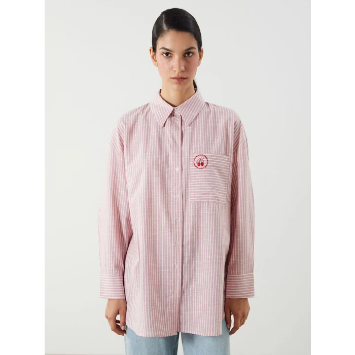 LCW Modest Pembe Kiraz Nakışlı Oversize Kadın Gömlek Tunik