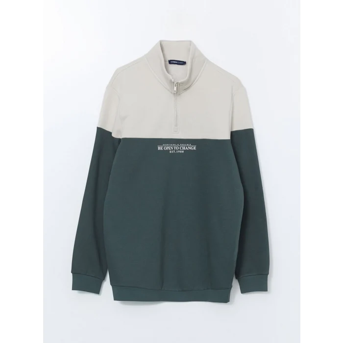 LCWAIKIKI Classic Yeşil Dik Yaka Uzun Kollu Renk Bloklu Erkek Sweatshirt