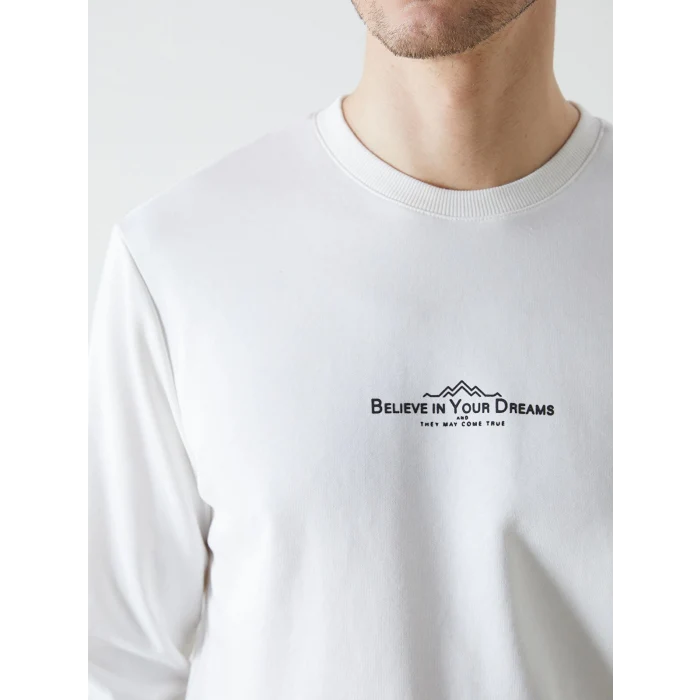 LCWAIKIKI Classic Ekru Bisiklet Yaka Uzun Kollu Baskılı Erkek Sweatshirt