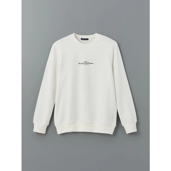 LCWAIKIKI Classic Ekru Bisiklet Yaka Uzun Kollu Baskılı Erkek Sweatshirt
