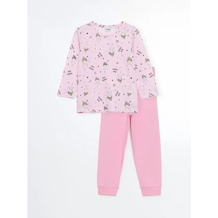 LCW Kids Pembe Bisiklet Yaka Baskılı Kız Çocuk Pijama Takımı