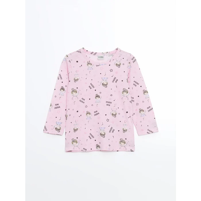 LCW Kids Pembe Bisiklet Yaka Baskılı Kız Çocuk Pijama Takımı