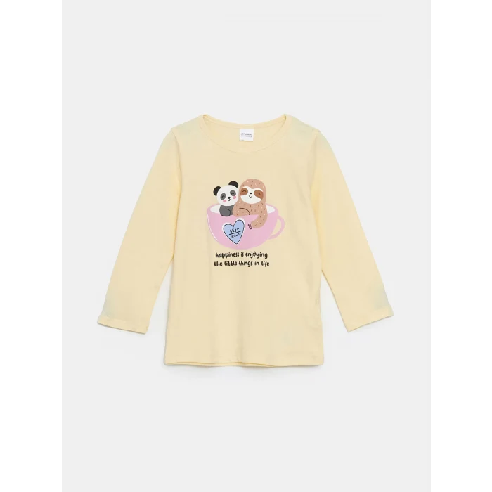 LCW Kids Sari Bisiklet Yaka Baskılı Kız Çocuk Pijama Takımı