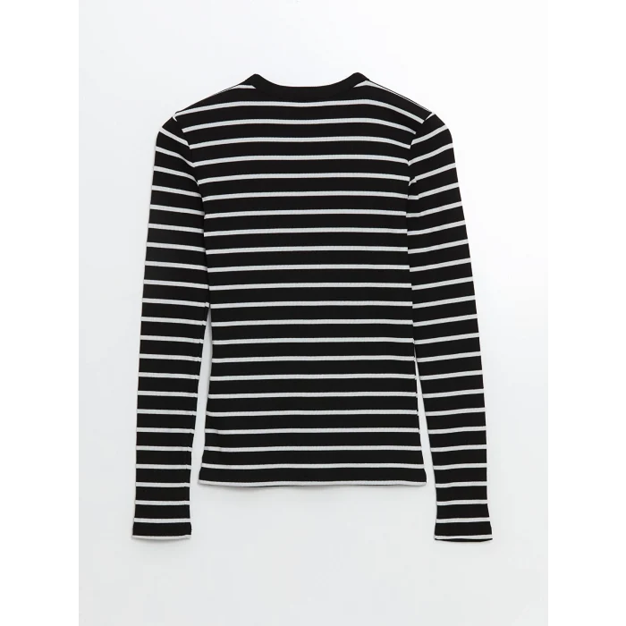 LCWAIKIKI Classic Siyah Bisiklet Yaka Çizgili Kadın Tişört