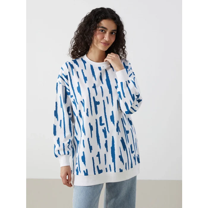 LCW Modest Mavi Bisiklet Yaka Desenli Kadın Sweatshirt Tunik