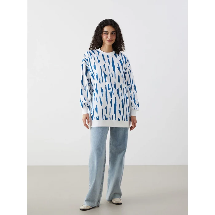 LCW Modest Mavi Bisiklet Yaka Desenli Kadın Sweatshirt Tunik