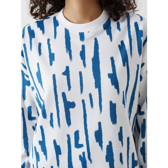 LCW Modest Mavi Bisiklet Yaka Desenli Kadın Sweatshirt Tunik