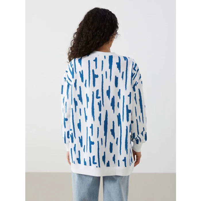 LCW Modest Mavi Bisiklet Yaka Desenli Kadın Sweatshirt Tunik