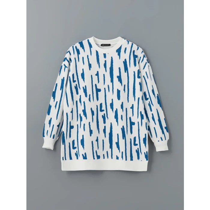 LCW Modest Mavi Bisiklet Yaka Desenli Kadın Sweatshirt Tunik