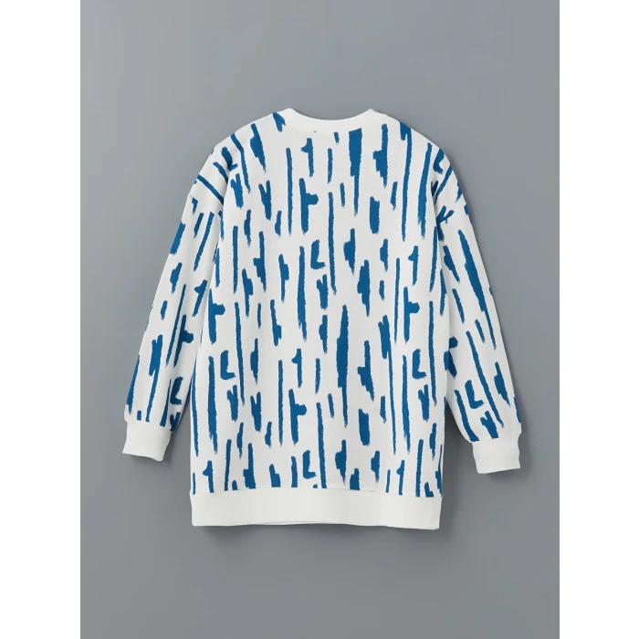 LCW Modest Mavi Bisiklet Yaka Desenli Kadın Sweatshirt Tunik