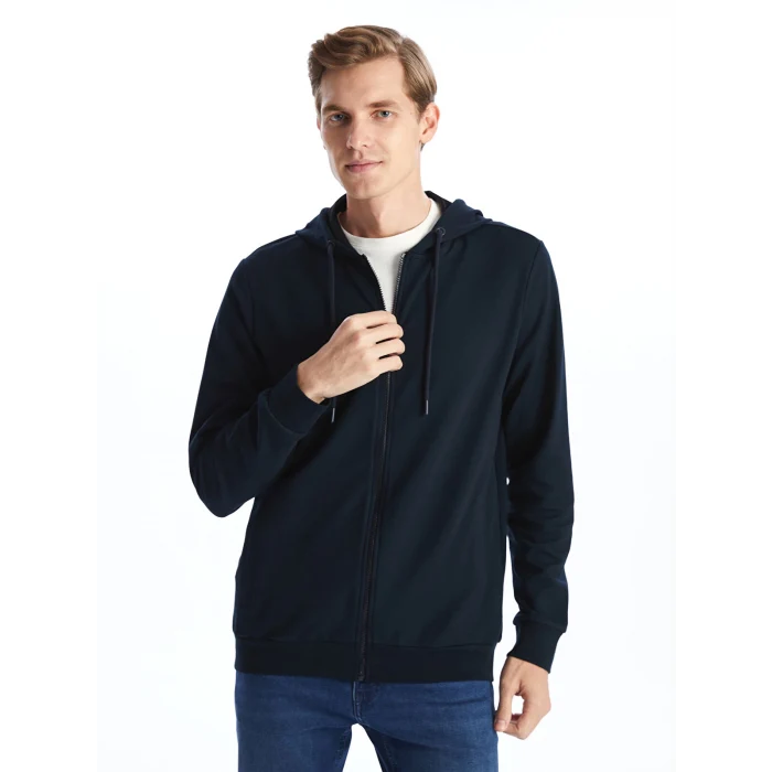 LCWAIKIKI Basic Lacivert Kapüşonlu Uzun Kollu Erkek Fermuarlı Sweatshirt