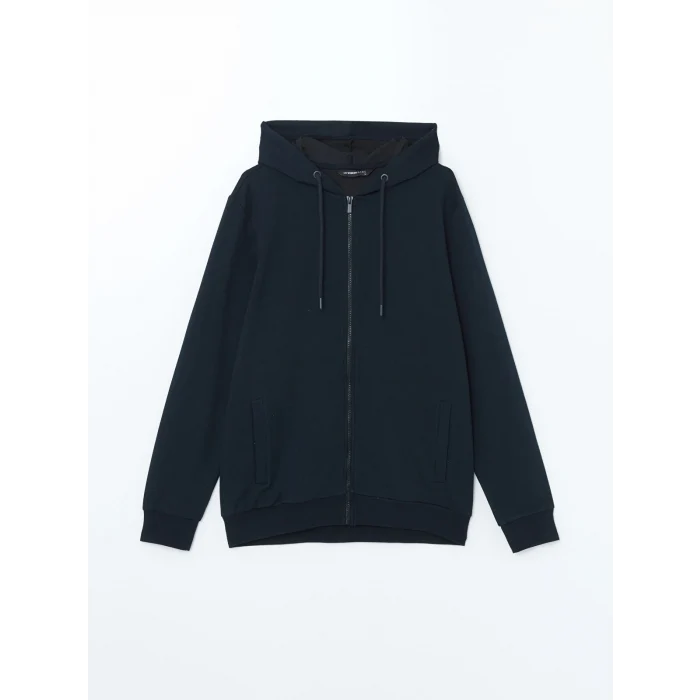 LCWAIKIKI Basic Lacivert Kapüşonlu Uzun Kollu Erkek Fermuarlı Sweatshirt