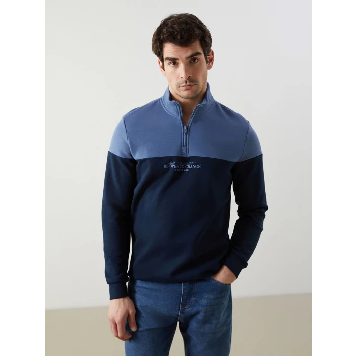 LCWAIKIKI Classic Lacivert Dik Yaka Uzun Kollu Renk Bloklu Erkek Sweatshirt