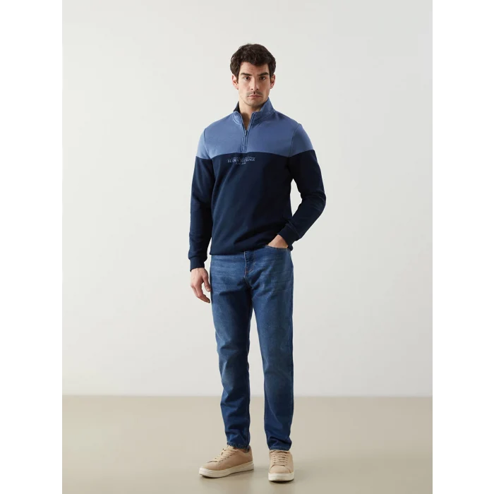 LCWAIKIKI Classic Lacivert Dik Yaka Uzun Kollu Renk Bloklu Erkek Sweatshirt