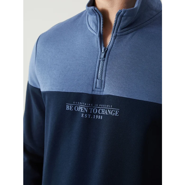 LCWAIKIKI Classic Lacivert Dik Yaka Uzun Kollu Renk Bloklu Erkek Sweatshirt